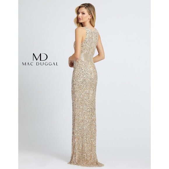 MAC DUGGAL Sequined Sleeveless V Neck Column Gown in Nude Gold Size US 2 - Picture 14 of 16